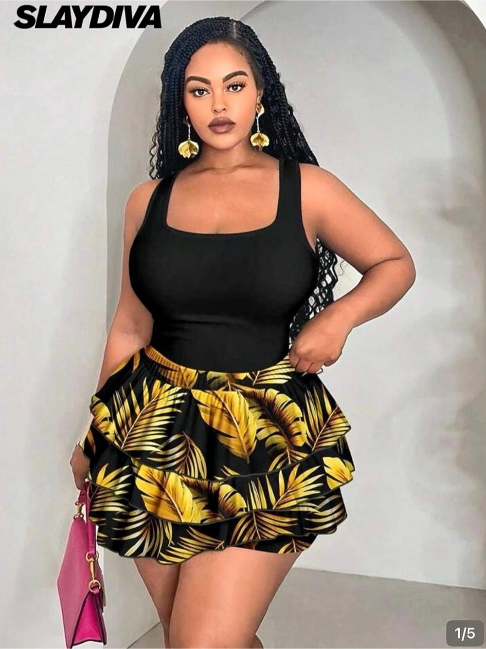 Slaydiva Black & Yellow Printed Mini skort set